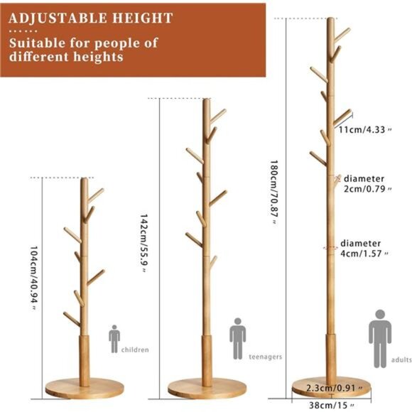 Wooden Coat Rack, Free Standing Coat Stand with 8 Hooks and 3 Height Options - Picture 3 of 7
